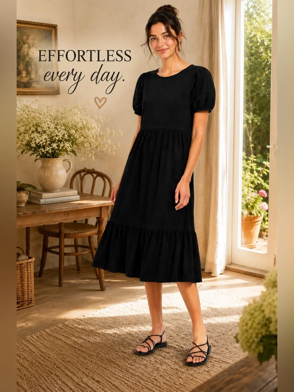 J.Crew black eyelet puff sleeve tiered midi dress small